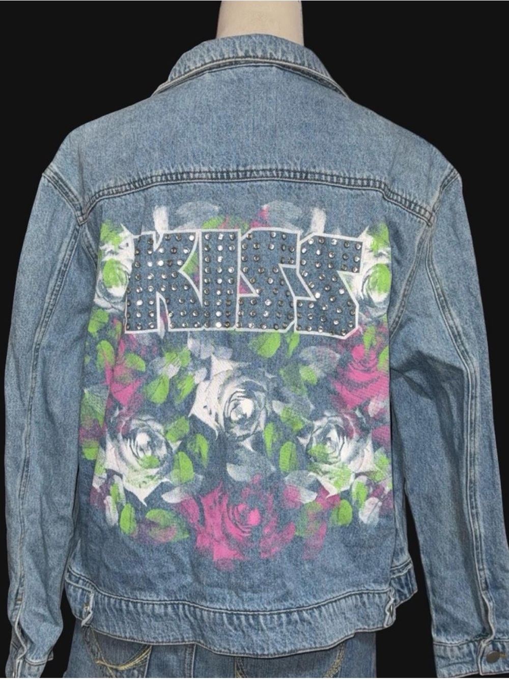Kiss Studded Logo Denim Jacket — Blue with Pink & Green Floral